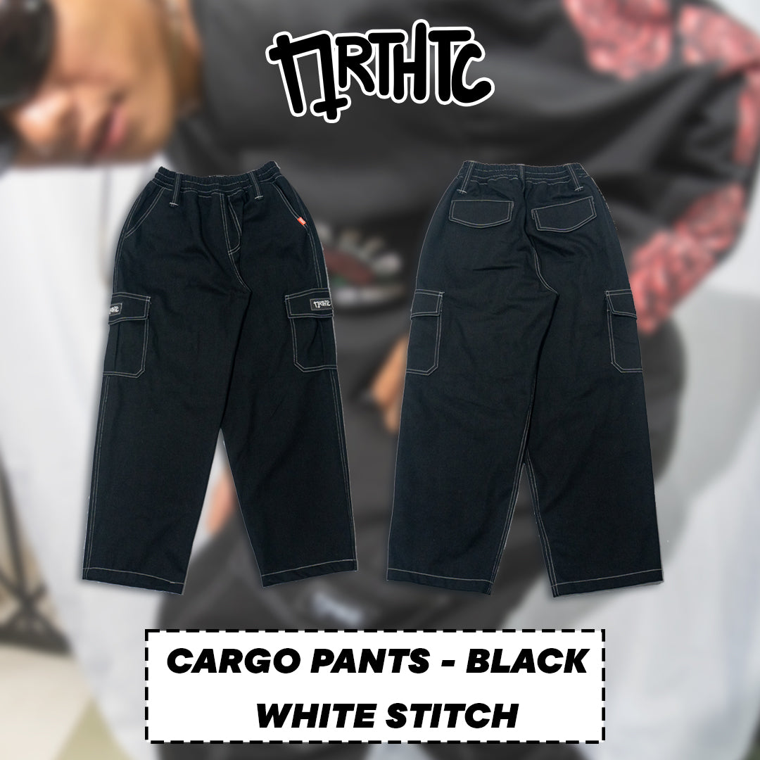 CARGO PANTS - GARTER - BLACK IN WHITE STITCH